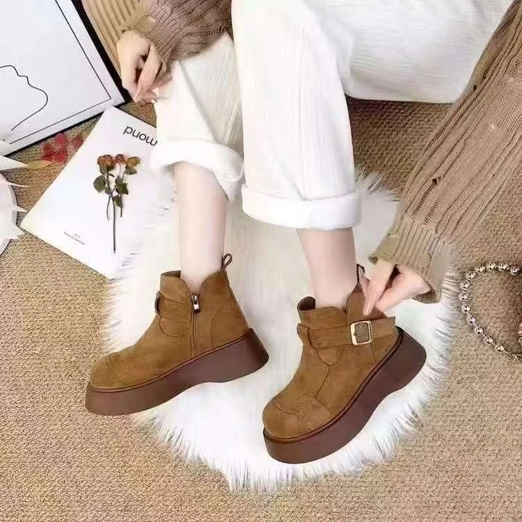 【风】真皮勃肯短靴复古厚底雪地靴女2024冬季加绒舒适绒面马丁靴潮