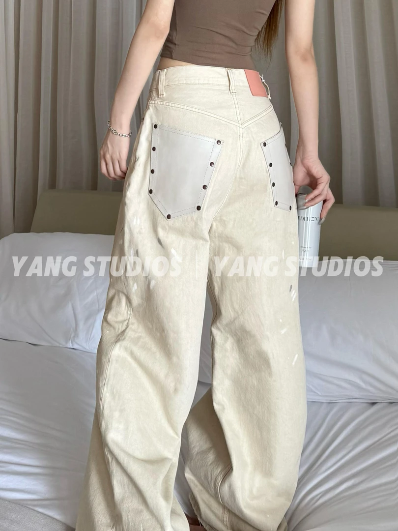 YANG/Ac*米白色拼皮口袋做旧泼墨宽松阔腿牛仔裤