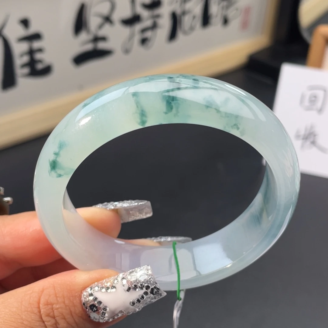 翡翠未镶嵌手镯冰胶蓝飘花宽版手镯