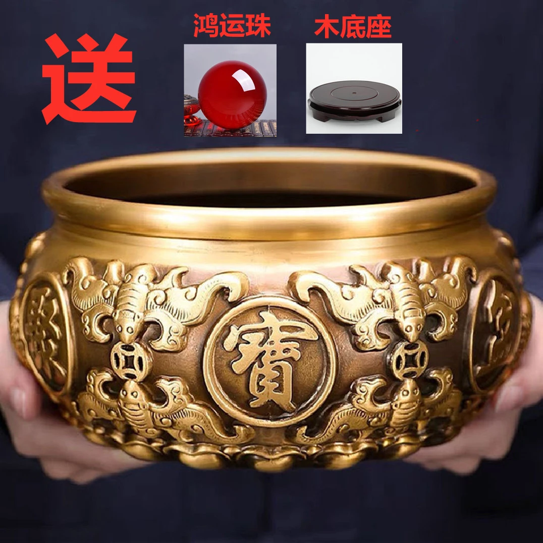 特大号八福黄铜聚宝盆居家摆件中式高档手工聚宝盆摆件十斤重铜器