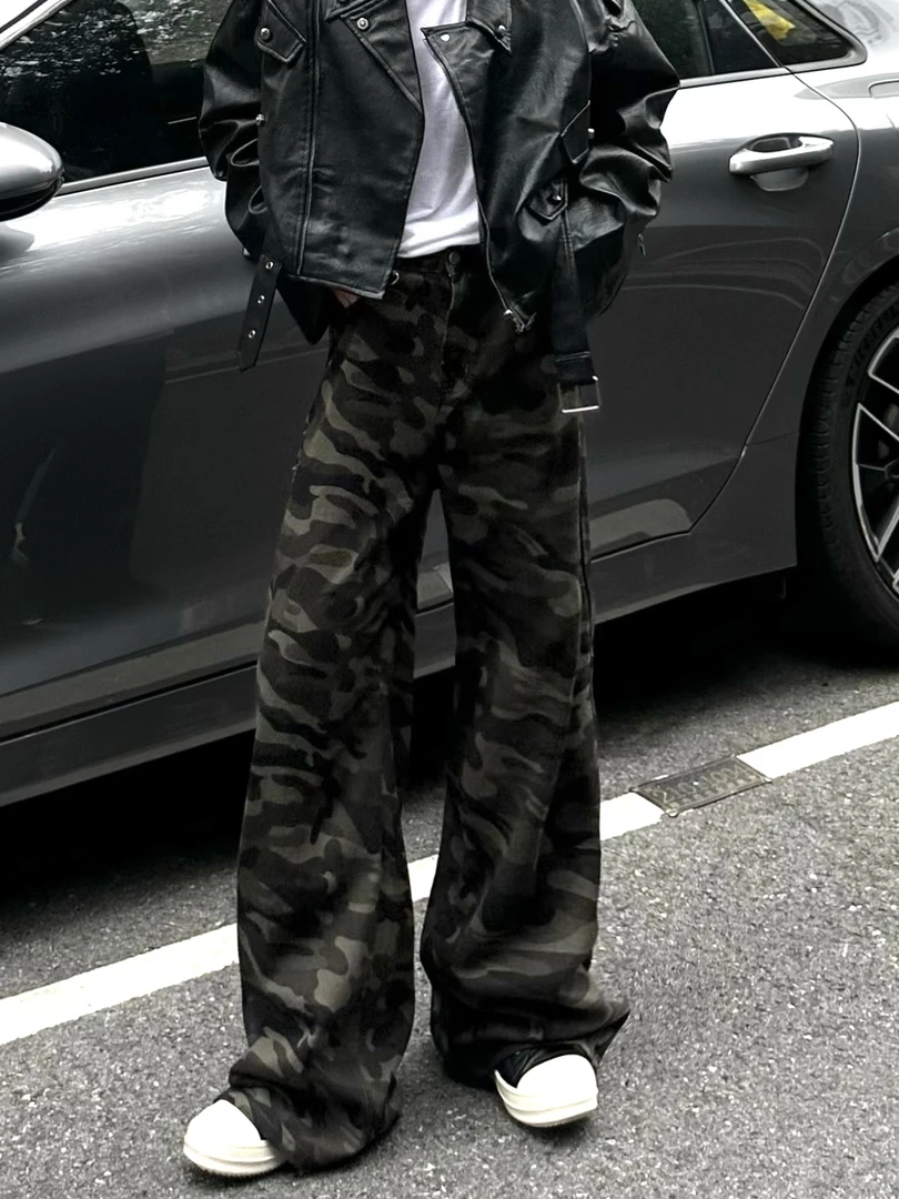 Grotequel美式复古直筒小众迷彩牛仔裤男女宽松设计感阔腿裤