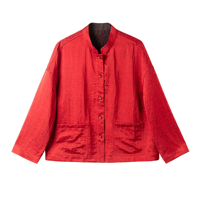 双面穿缎龟香云纱长袖衬衣纯色宽松中式桑蚕丝外套春季新款 长61