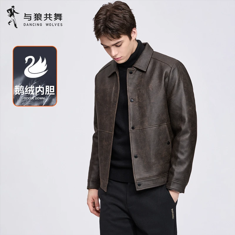 【鹅绒内胆】与狼共舞仿麂皮翻领羽绒夹克男士2025秋冬新款保暖外套