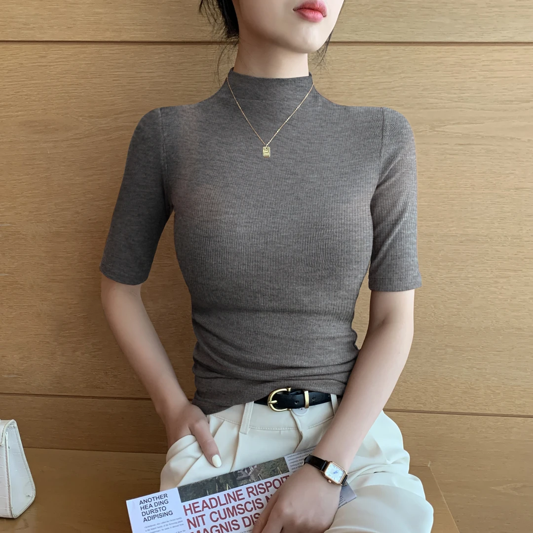 黑色半高领中袖t恤女2025新款夏季螺纹弹力显瘦纯欲慵懒风女装