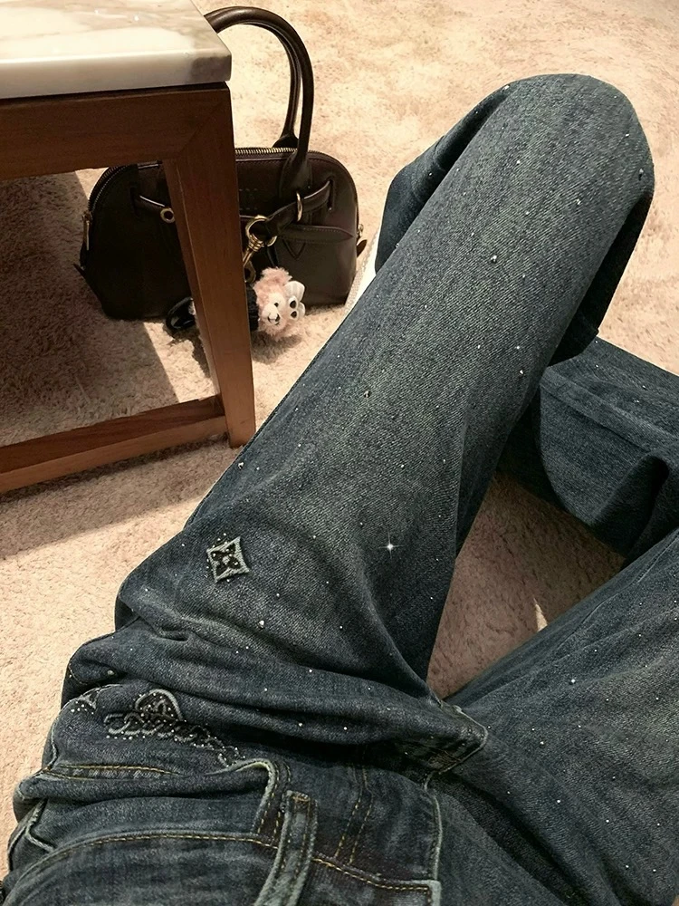 超值推荐 老花烫钻高腰牛仔裤女秋冬宽松阔腿裤裤子