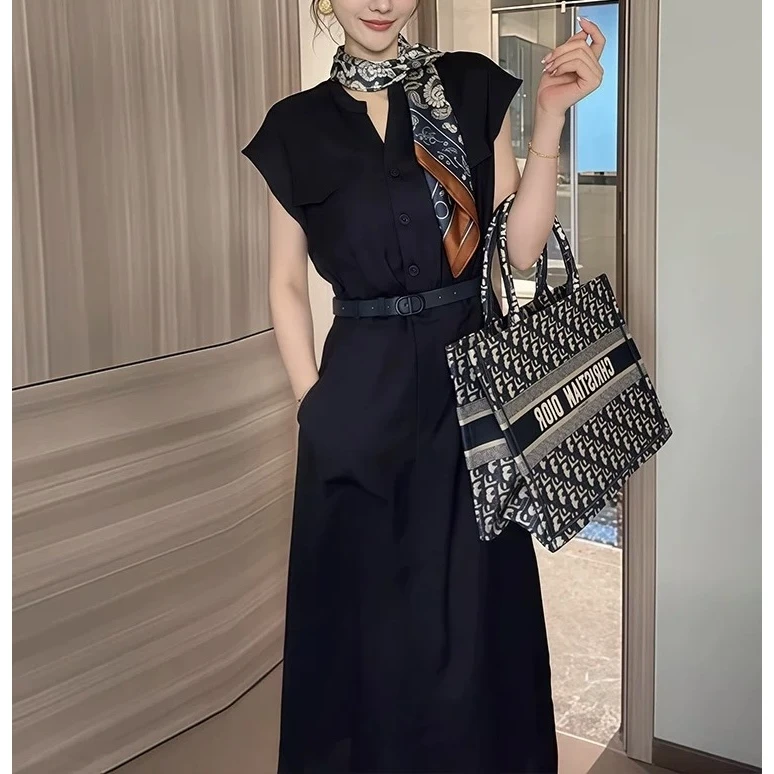 高级感气质半开领衬衫连衣裙女夏季新款宽松收腰长裙