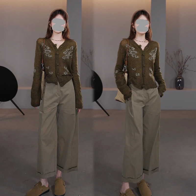 网红洋气炸街套装女2025春秋新款松驰感长袖针织外套阔腿裤两件套