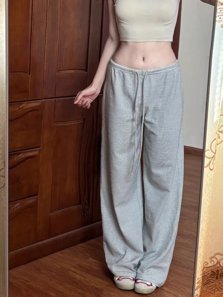 美式高街辣妹黑白条纹休闲裤子女夏季2025新款宽松直筒拖地阔腿裤