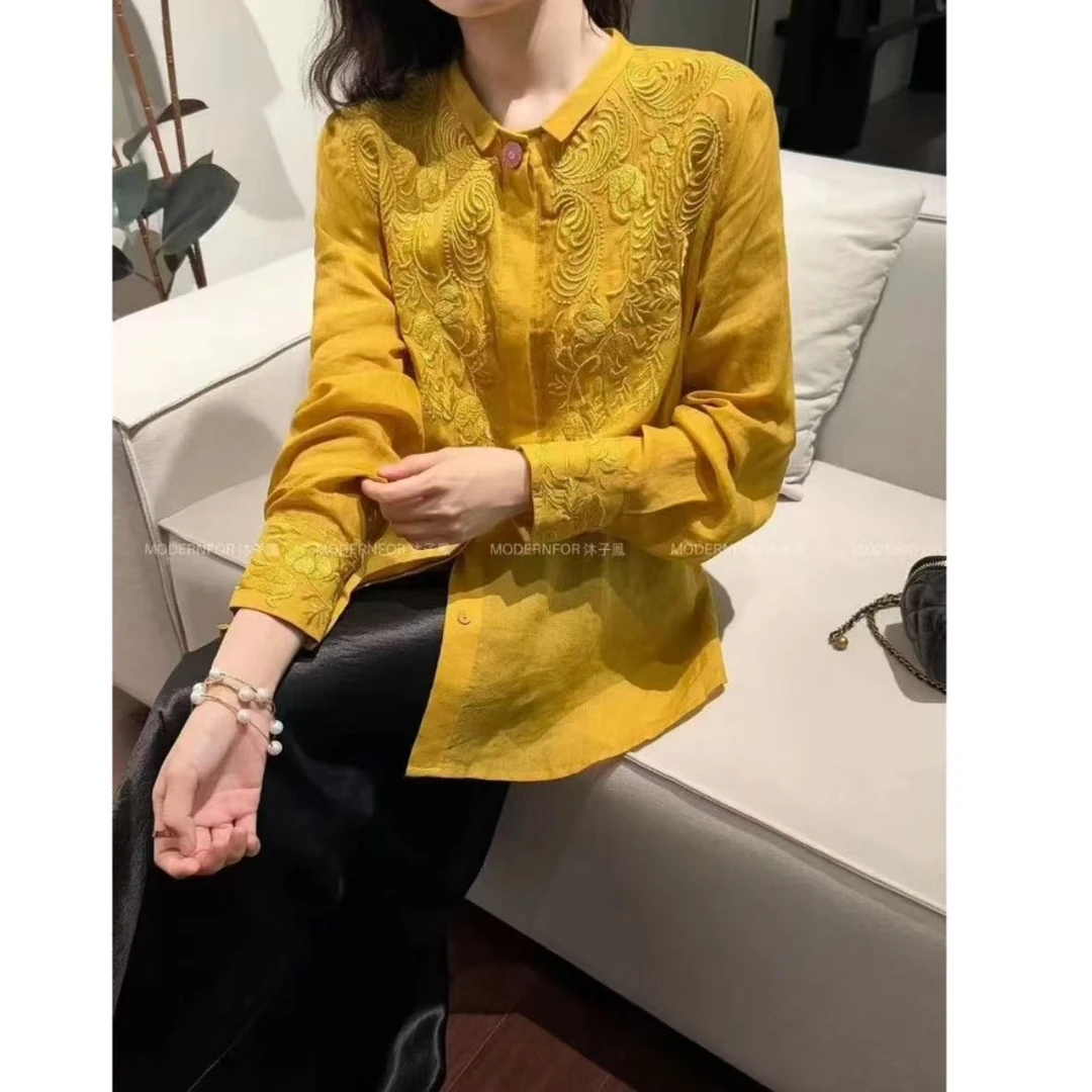 CC 高货100%苎麻M胸112长72重工刺绣长袖麻料衬衫 1875