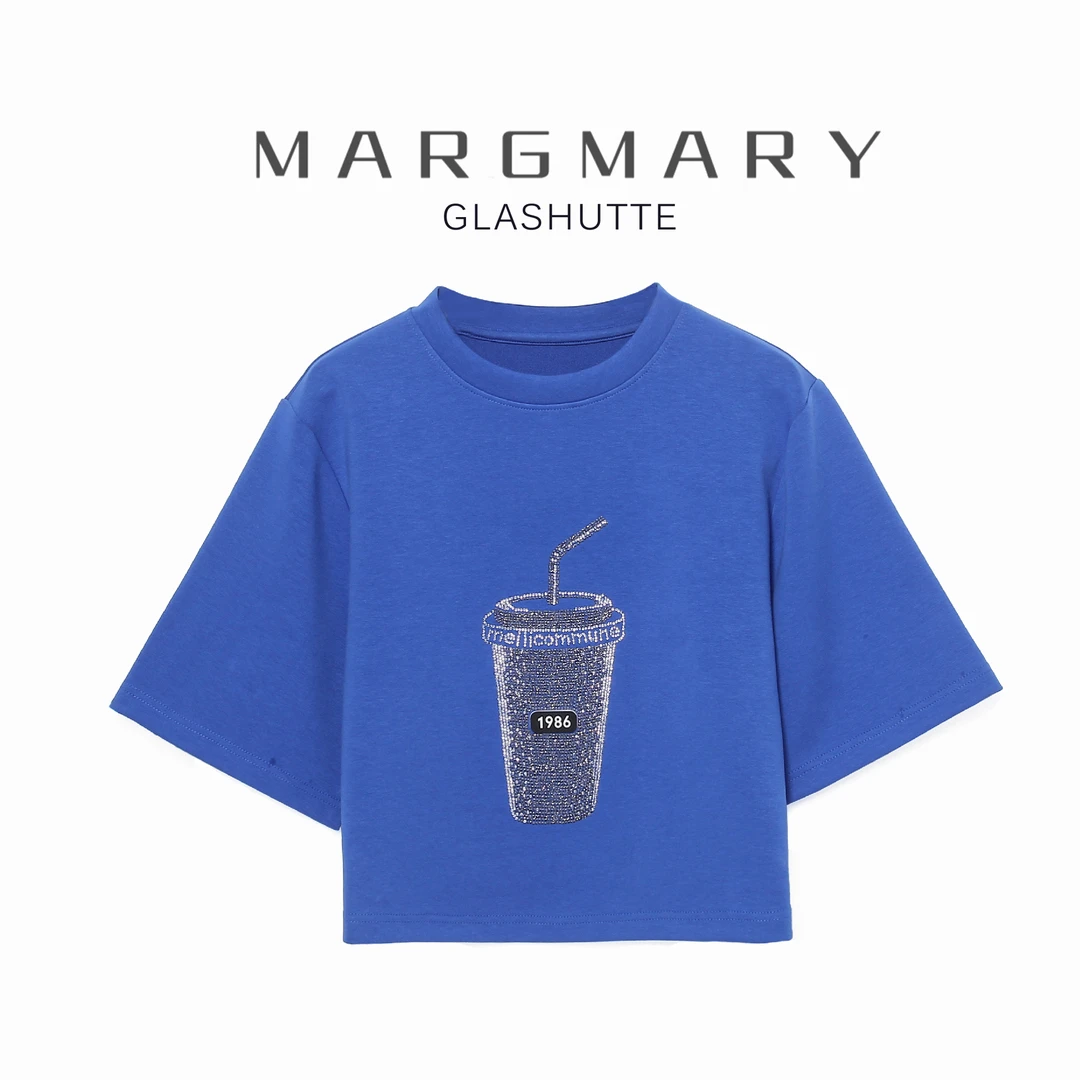 2025夏季设计师新款休闲时尚百搭潮流舒适显瘦亮钻杯子短袖