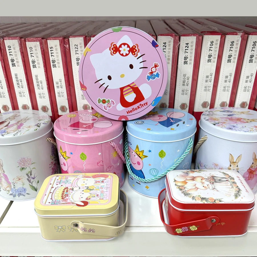 【十字绣工具】铁罐收纳针剪刀圆形手提马口铁盒创意圆形卡通收纳盒