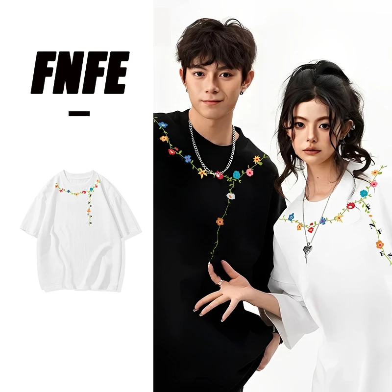 FNFE新款花卉短袖t恤男女美式高街情侣学院风上衣夏季宽松半袖
