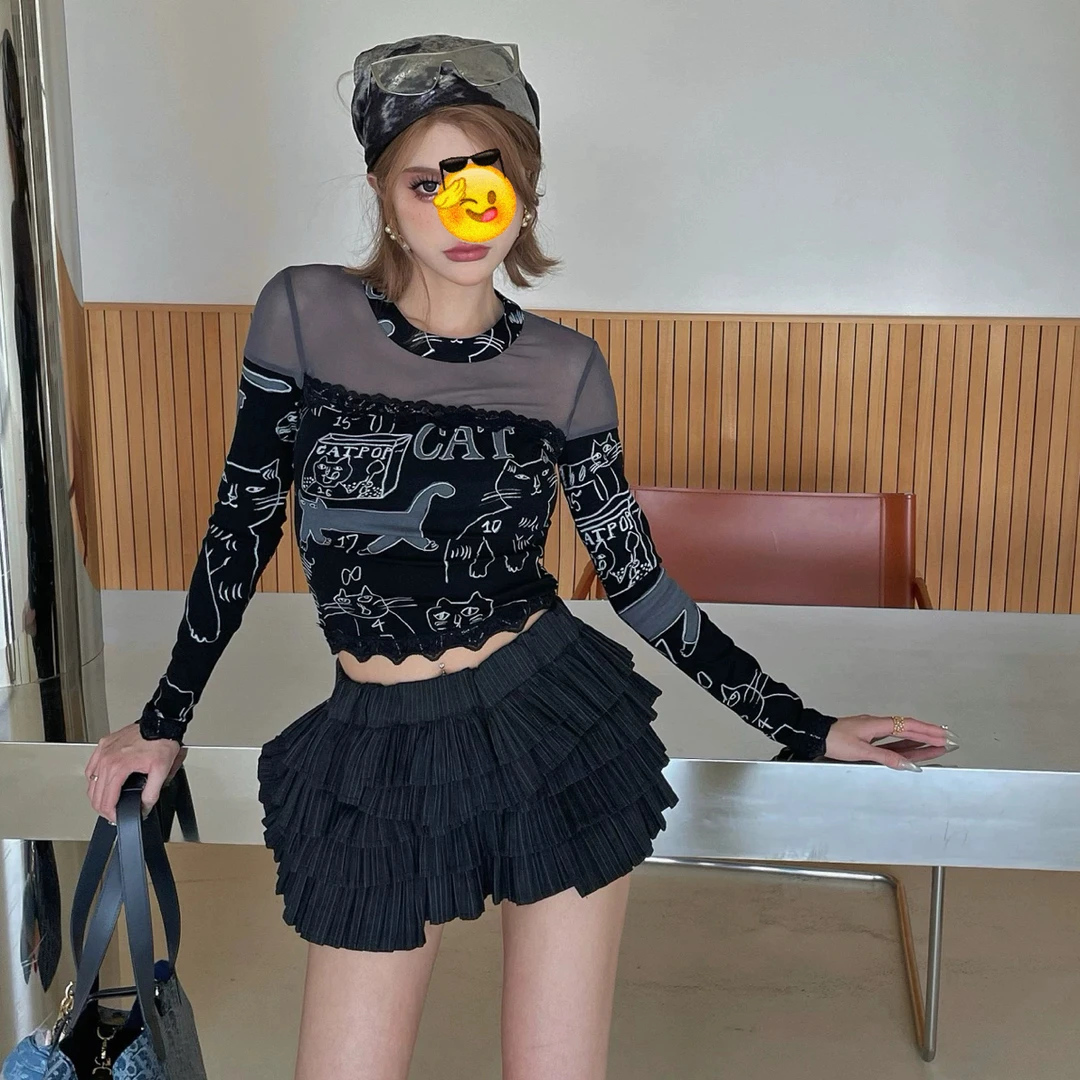 6206  甜酷风穿搭趣味猫咪涂鸦印花网纱T恤女 秋季花边上衣