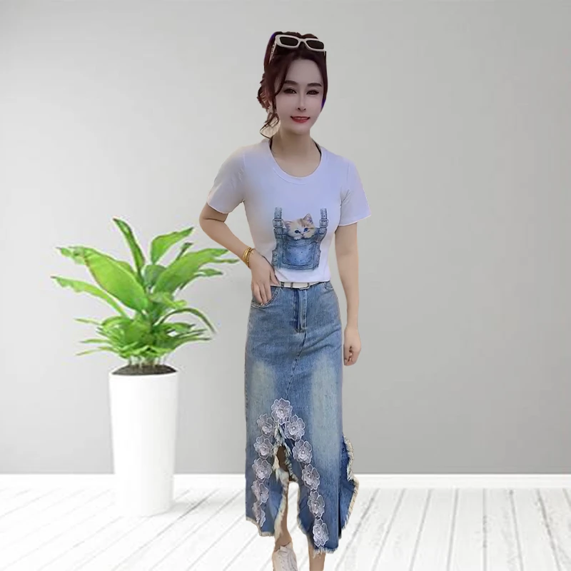 夏季显瘦短袖+开叉包臀裙套装2025新款时尚百搭高腰修身蓝色68062