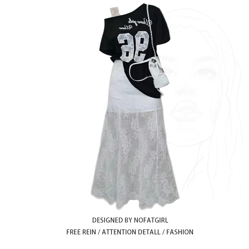 韩系气质穿搭一整套大码胖MM斜肩字母T恤上衣女蕾丝鱼尾长裙套装