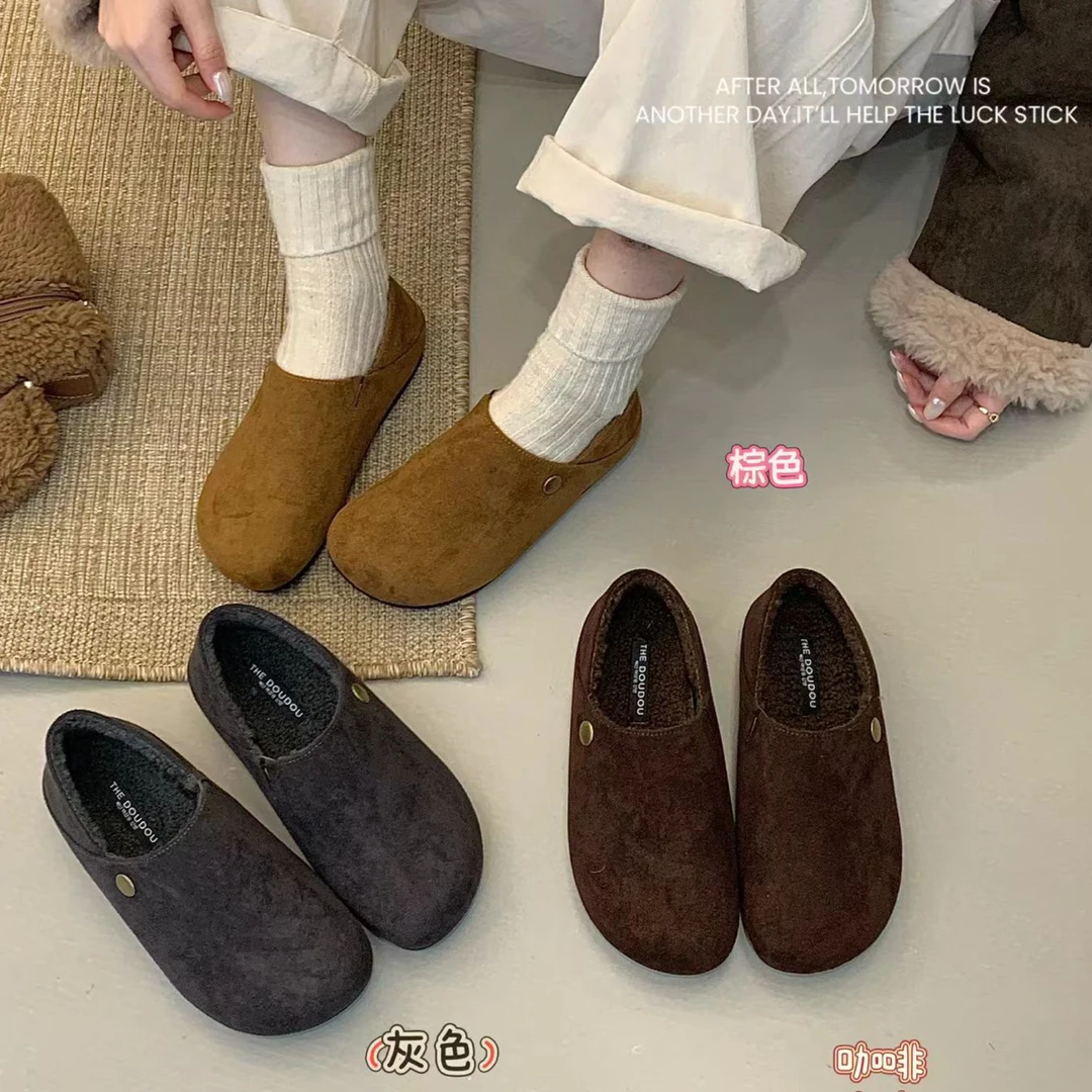 加绒净面勃肯鞋复古休闲风勃肯鞋纯色棉鞋秋冬冬季勃肯鞋韩版圆头