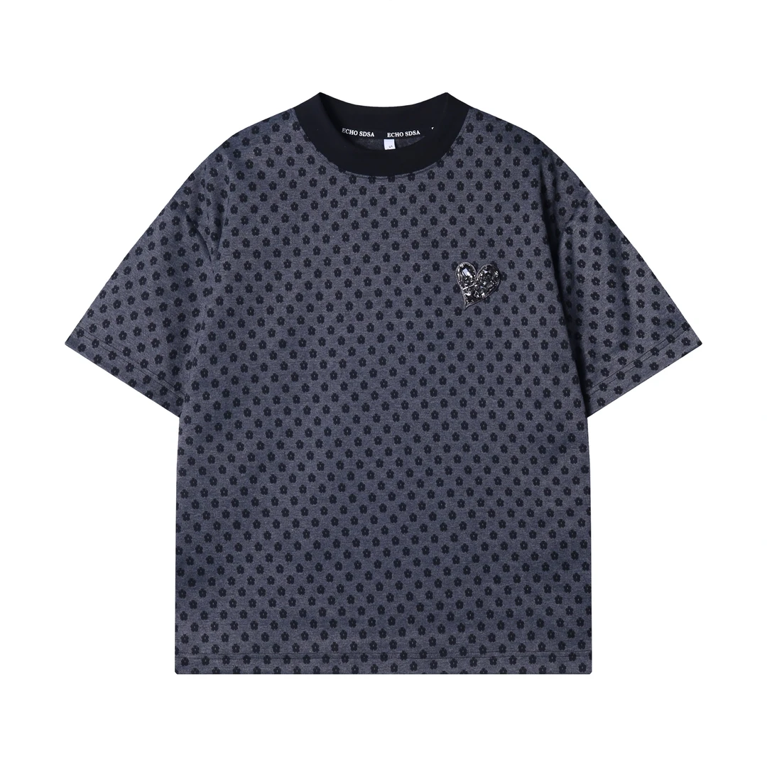 夏季新款时尚个性韩版撞色提花爱心圆领短袖T恤小众设计百搭上衣