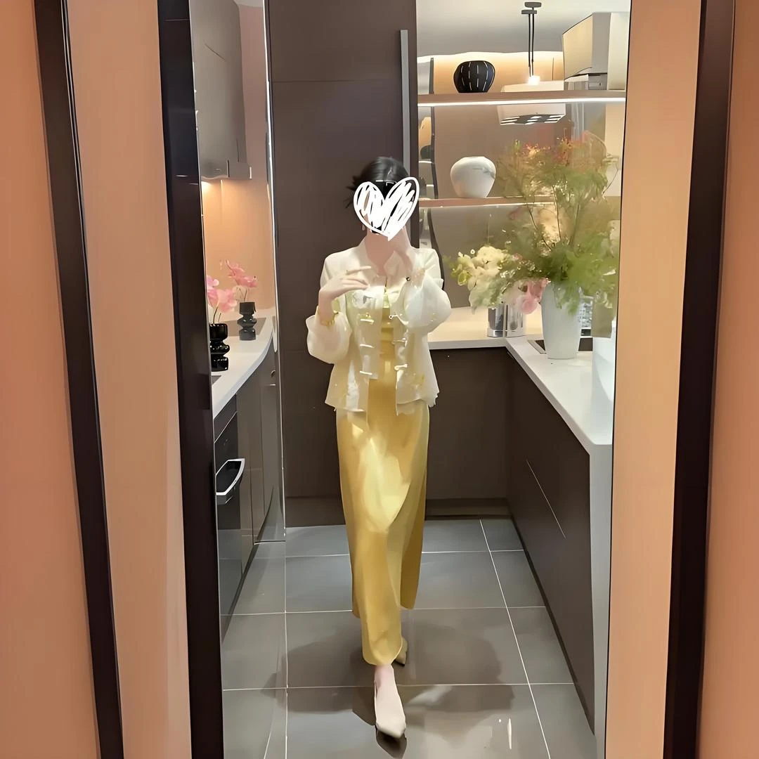 【现货秒发】4442+4443新中式开衫吊带裙套装国风旗袍黄色连衣裙