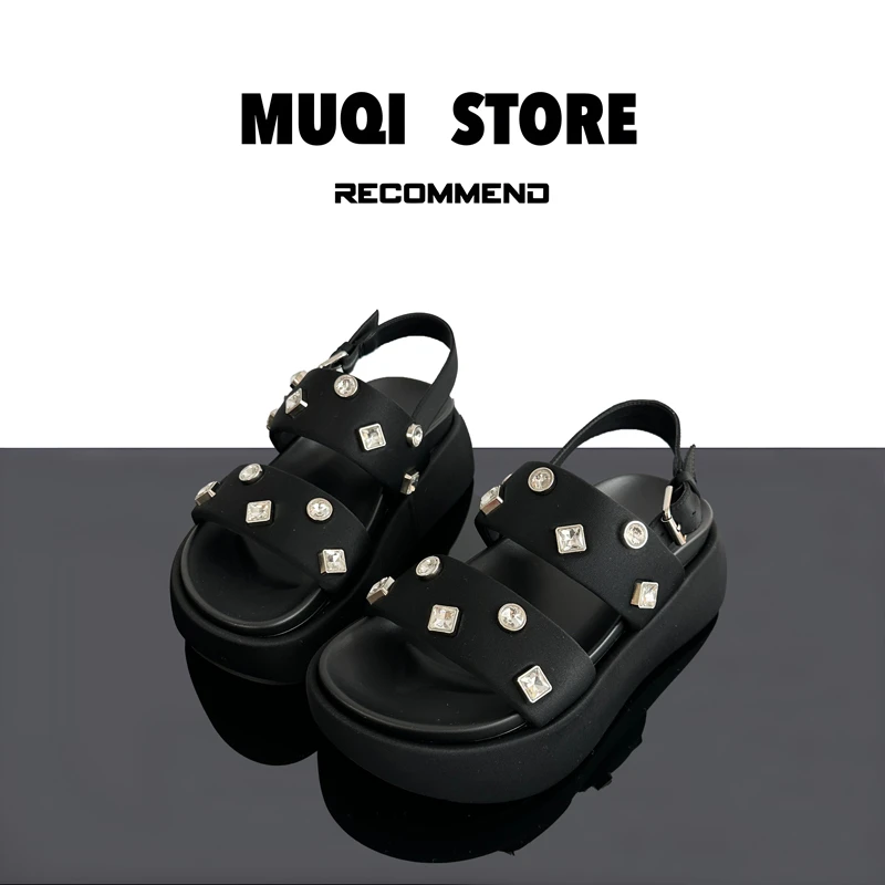 MUQI「水钻凉鞋」欧货厚底凉鞋2025夏季新款百搭增高露趾沙滩鞋