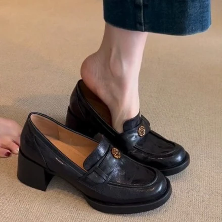 乐福鞋春季方头复古黑色玛丽珍高跟圆头粗跟厚底平底单鞋