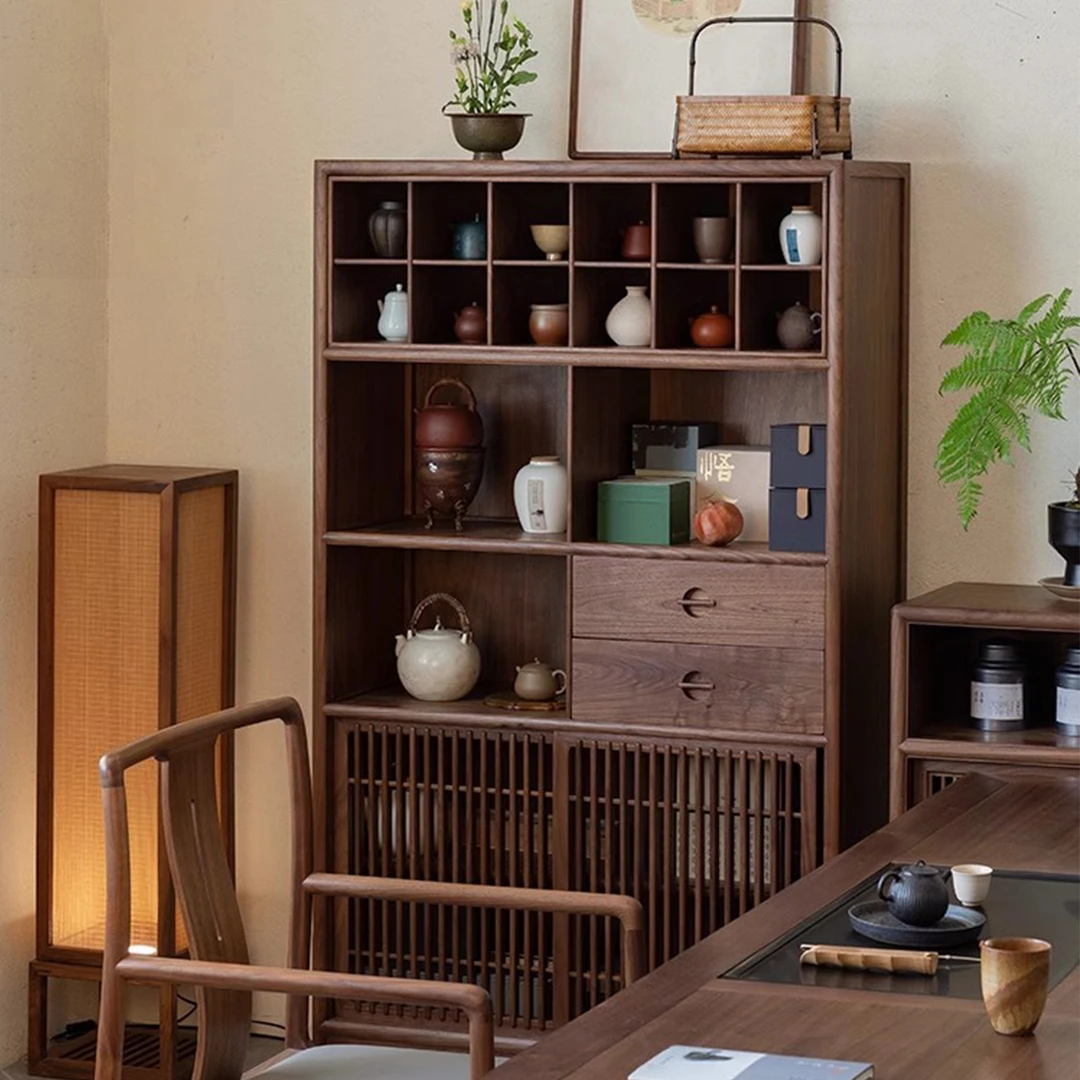 北美黑胡桃木新款博古架展示柜边柜茶叶柜新中式老榆木多宝阁置物