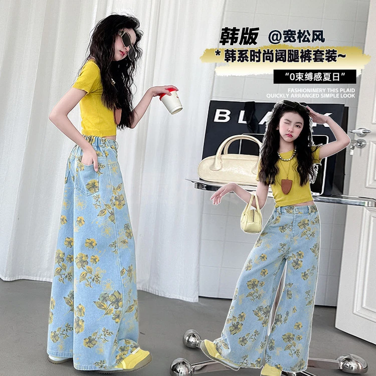 女童夏季薄款纯色短袖裤子套装中大童花朵牛仔套头实拍模特