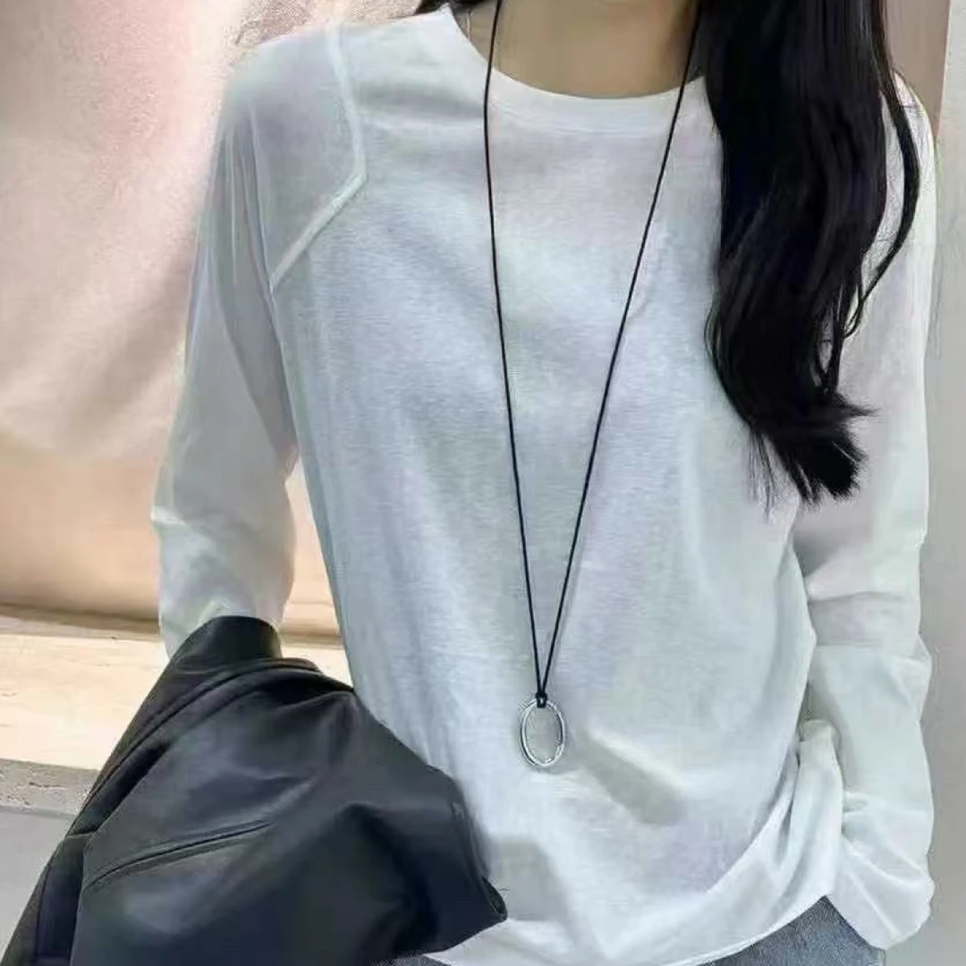 欧洲站慵懒风圆领长袖T恤女2025秋冬新款时尚百搭简约打底衫4285#