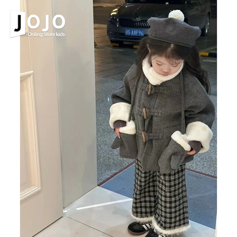儿童服装童装女童时尚气质毛呢外套春秋女宝宝灰色牛角扣呢子大衣