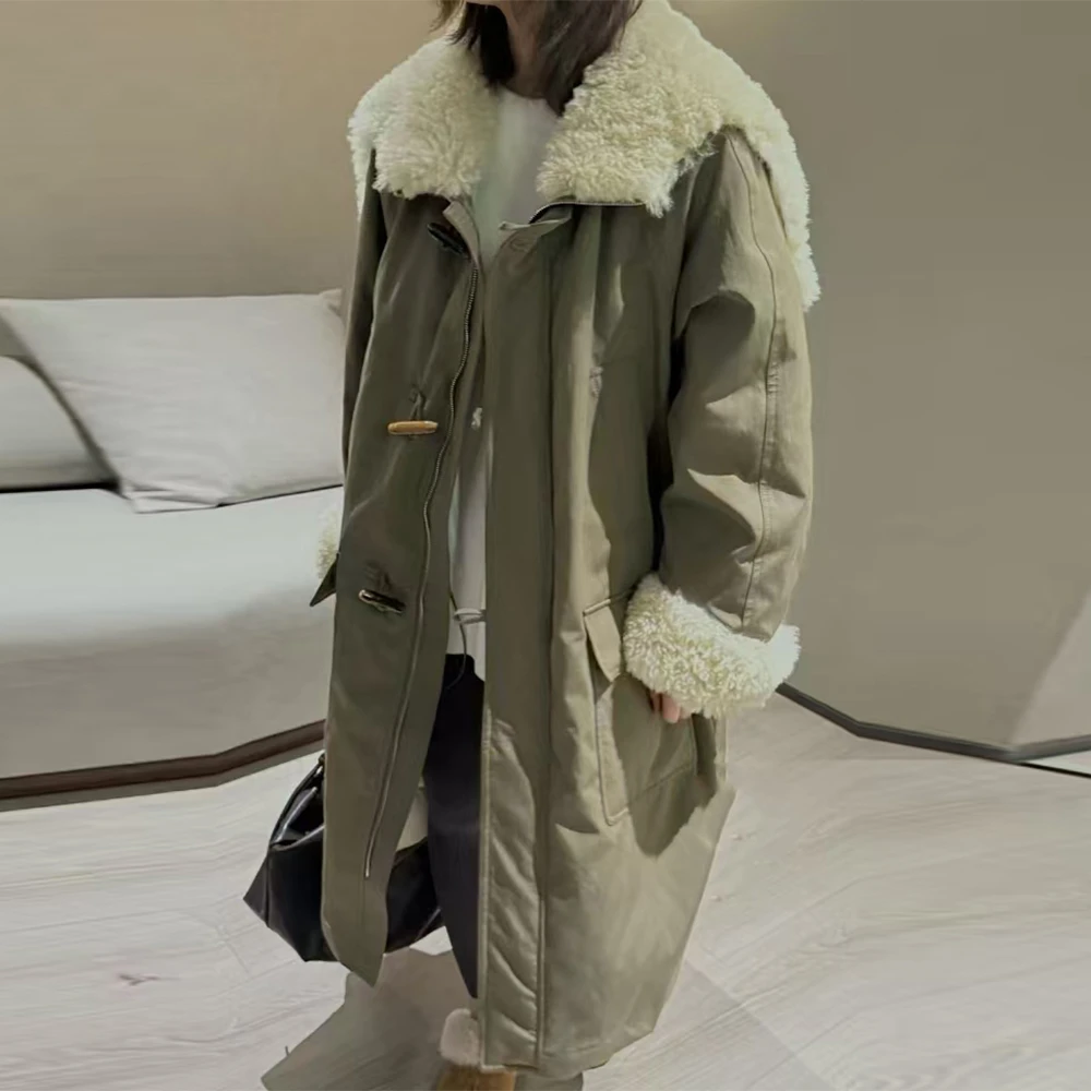 2025冬季新款韩系牛角扣连帽海军领外套女士加厚翻领棉服长袖上衣