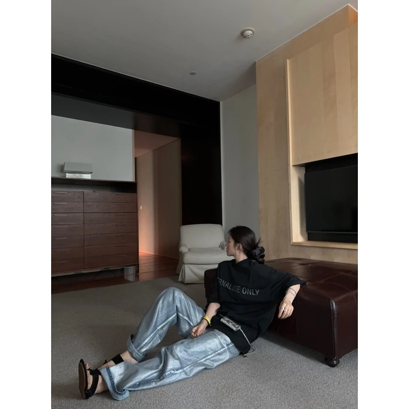 『PEACHZHOU』重工涂层银粉宽松直筒水洗牛仔裤休闲设计感阔腿裤