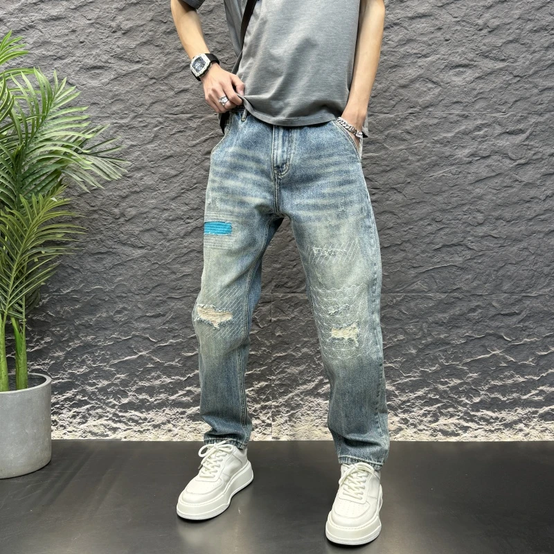 2025微弹破洞秋季长裤男破洞牛仔裤男百搭韩版潮流直筒裤夏季裤子