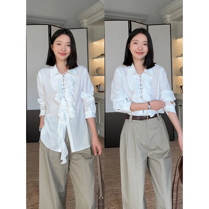 郭九九呢 100%天丝系带木耳边衬衫休闲直筒阔腿长裤 G925A13929