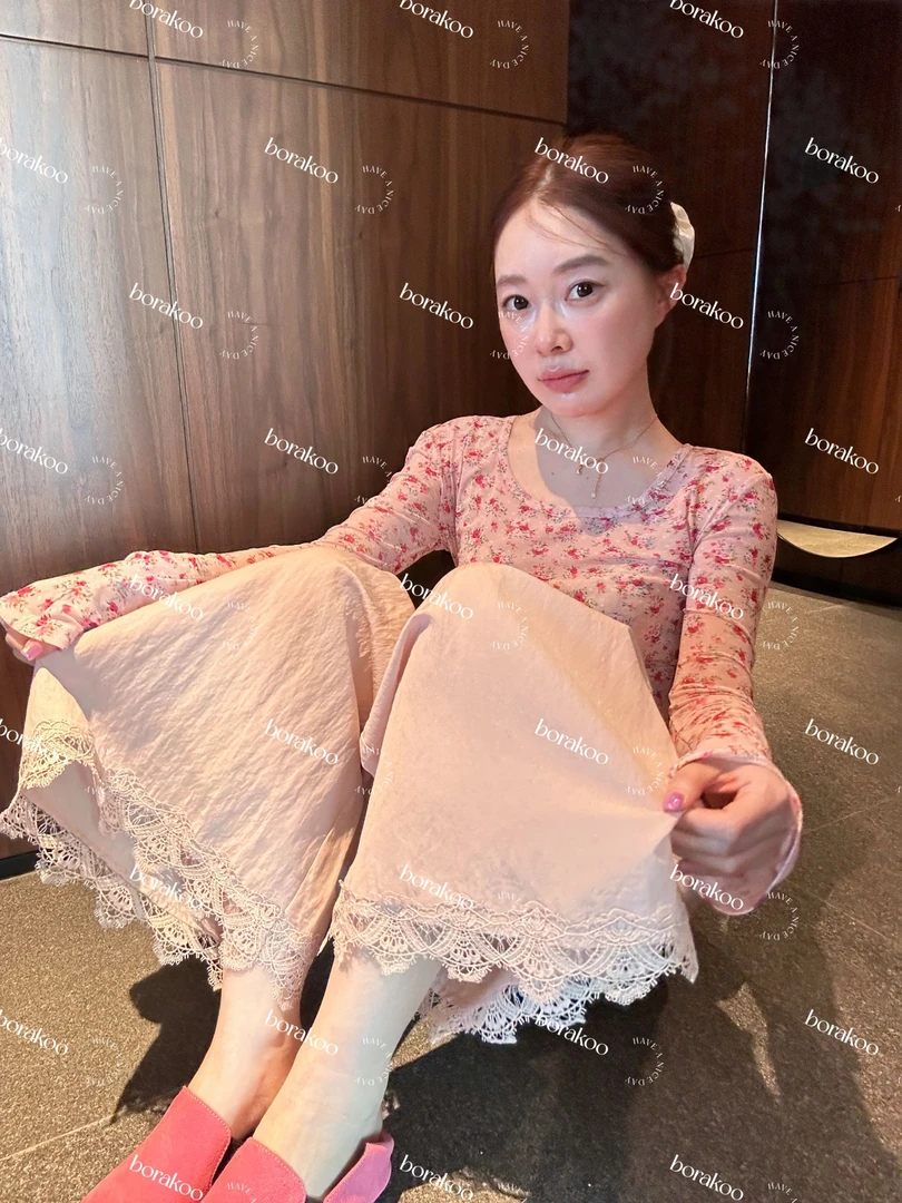 【BORAKOO】樱花粉蕾丝垂感休闲八分裤凉凉裤