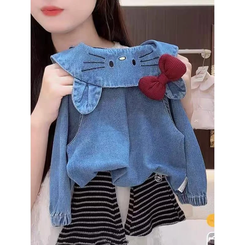 萌主驾到!超萌女宝宝可爱kt牛仔衬衫条纹微喇裤套装潮