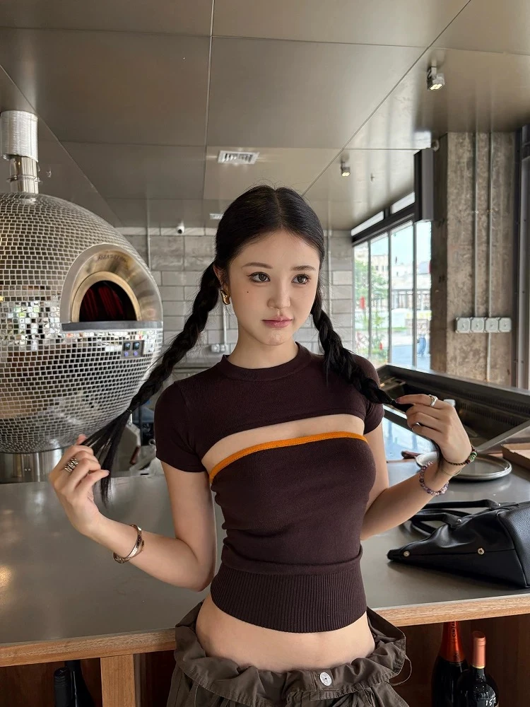 不冷BULENG撞色可拆卸修身短袖女夏季新款辣妹修身设计感上衣