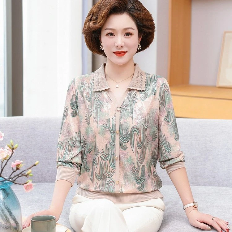 妈妈春装洋气质翻领T恤小衫中老年女长袖薄款上衣春秋宽松打底衫