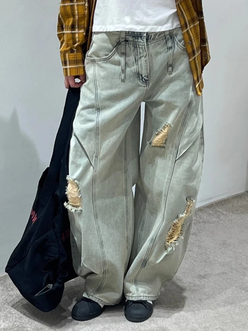 美式复古水洗破洞牛仔裤男女夏季宽松设计感高街休闲弯刀长裤子潮