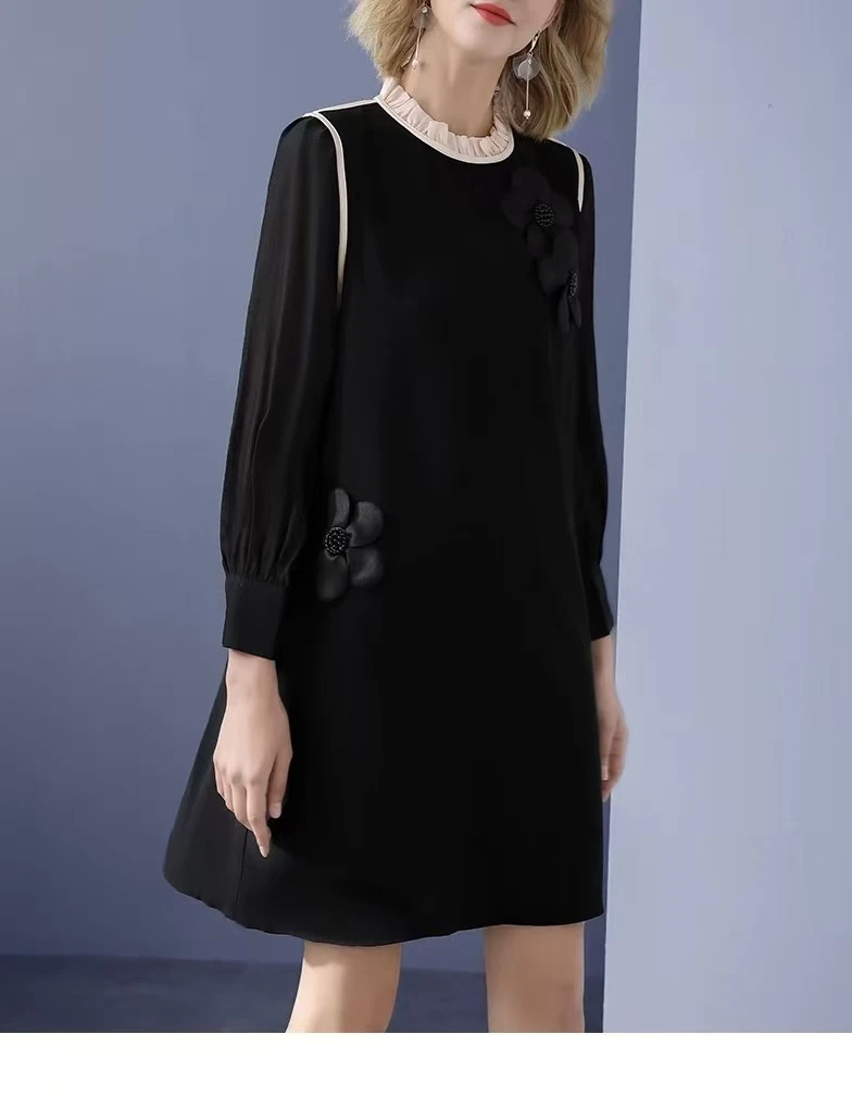 X0683 高腰连衣裙中长裙秋季黑色显瘦圆领常规拼接夏季中腰