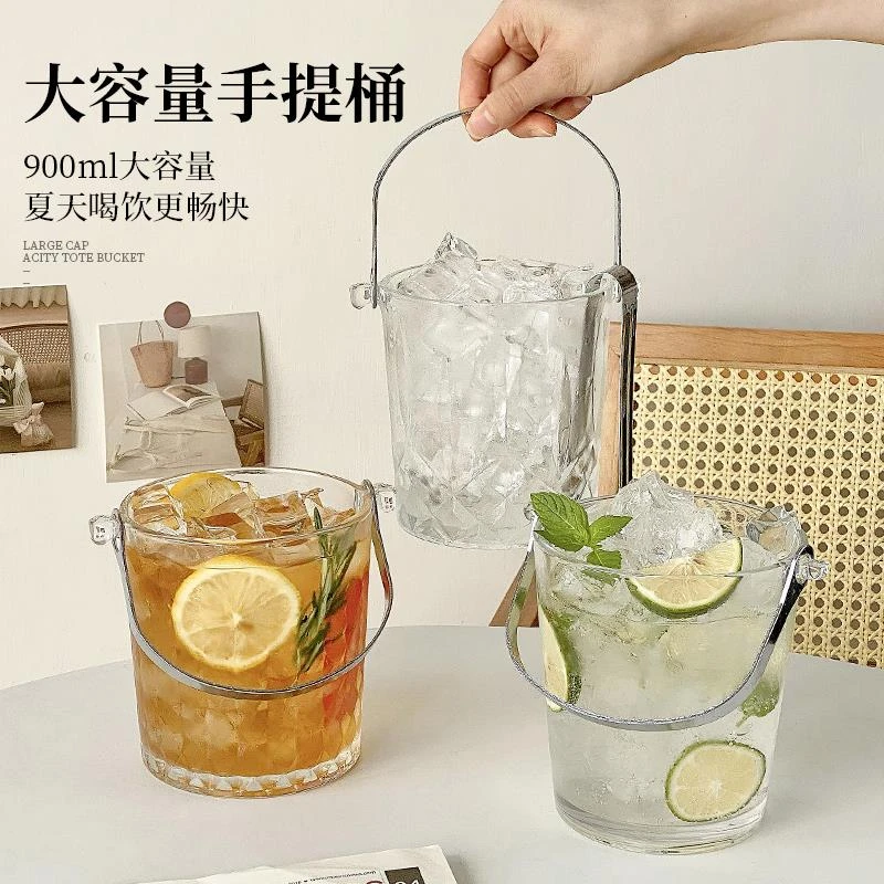 送冰夹加厚玻璃手提冰桶饮料户外野餐夏日大容量透明水果茶桶容器