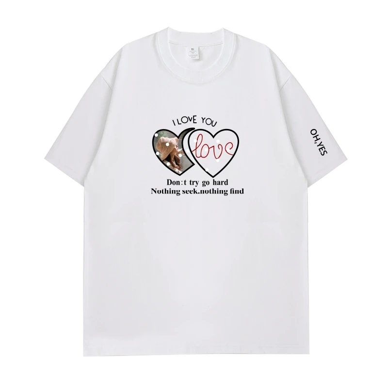100%纯棉休闲短袖男女同款（大版双爱心）时尚宽松T恤上衣潮流半袖