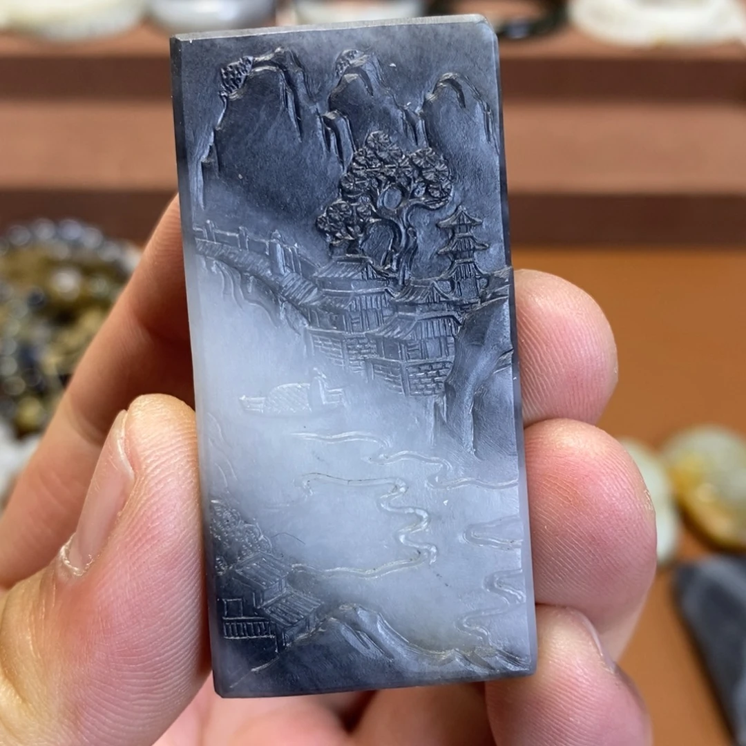 和田玉未镶嵌挂件新疆和田玉青花黑白山水挂件