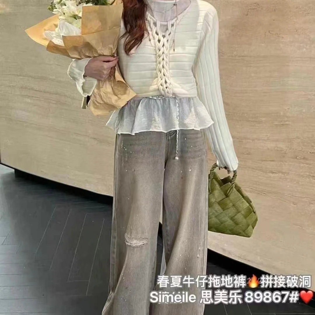 金马严选【思美乐】破洞拼接牛仔裤89867