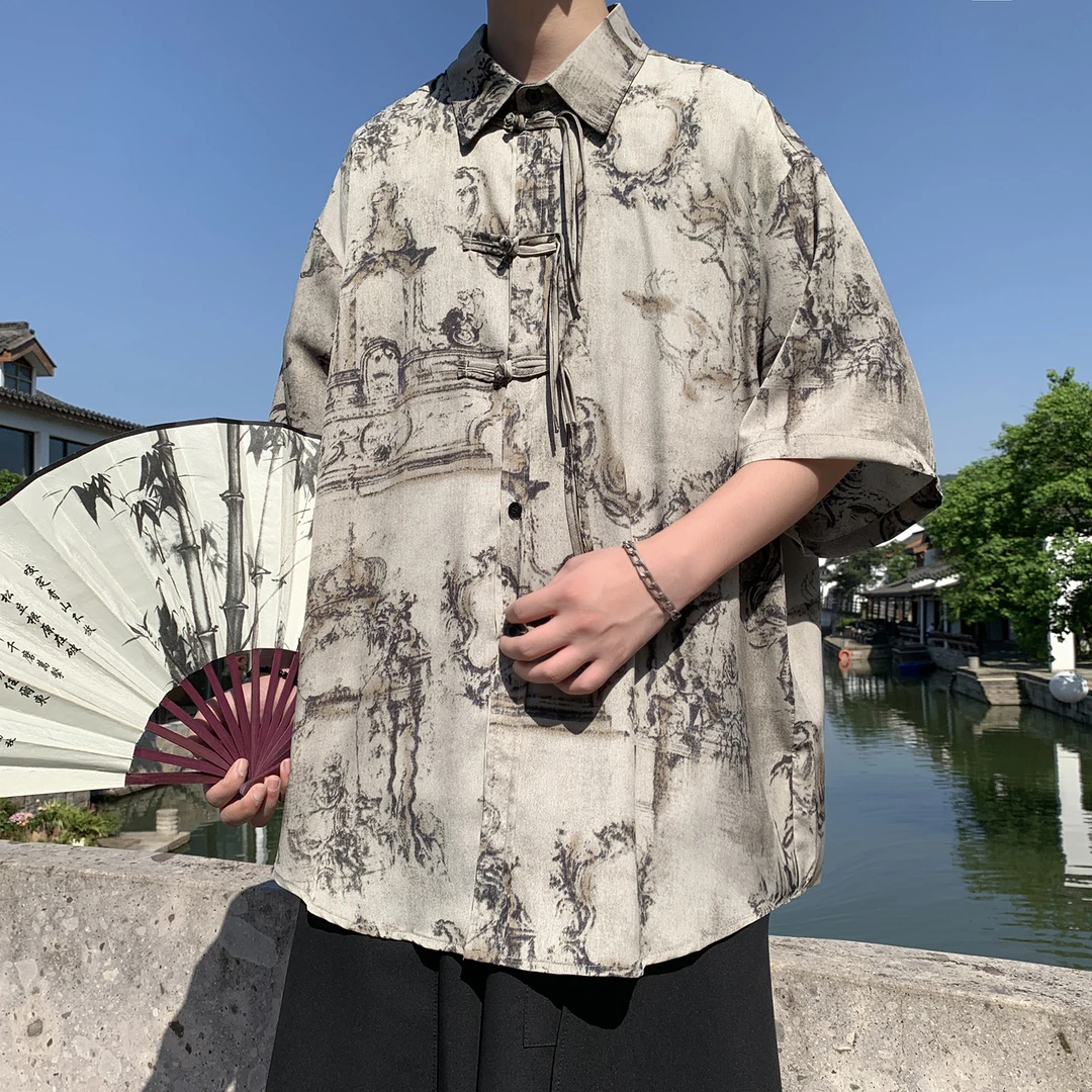 新中式复古扎染印花短袖衬衫男大码宽松五分袖汉服潮牌设计感唐装