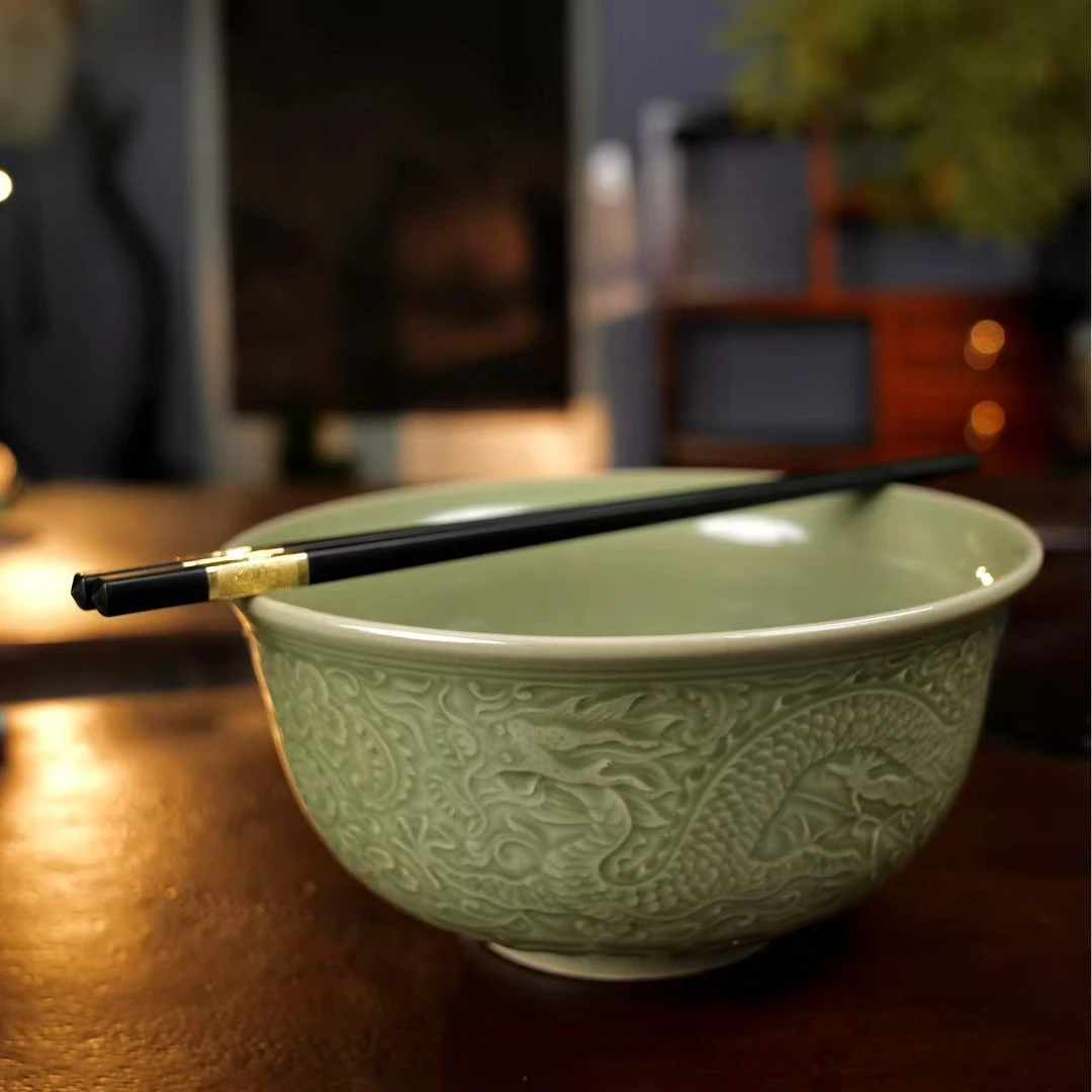 【觀文自营】耀州窑青瓷刻花7英寸龙华富贵大面碗健康高温瓷