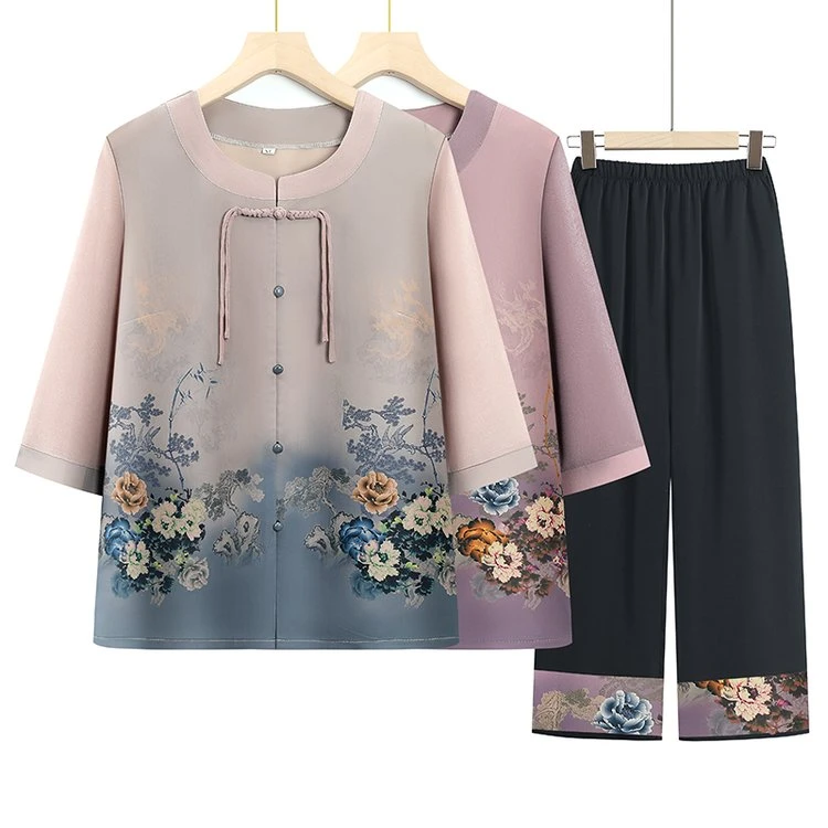 奶奶装夏季套装妈妈夏装中袖衬衫裤子两件套中老年人女装夏天衣服