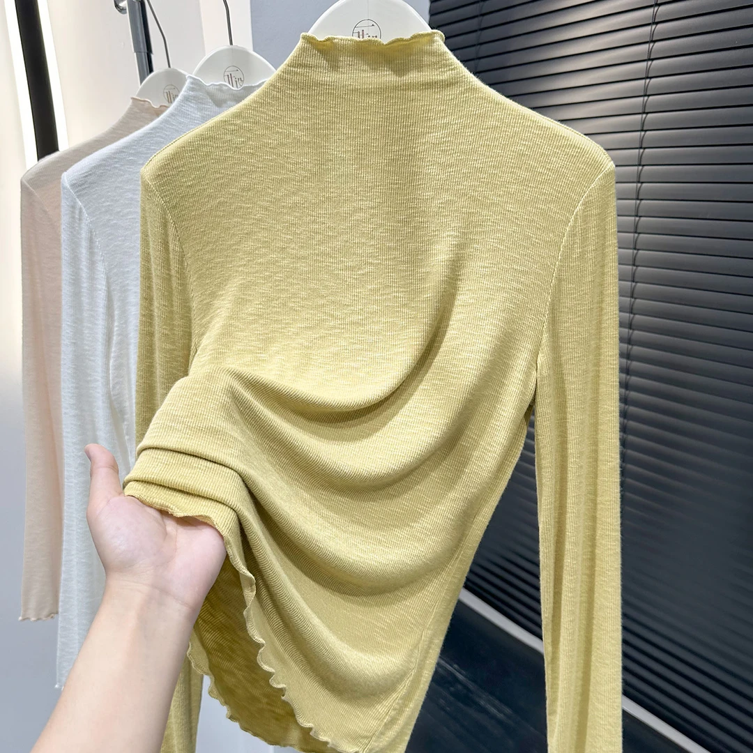 木耳边半高领套头显瘦上衣女黄绿色百搭长袖修身打底衫针织薄T恤
