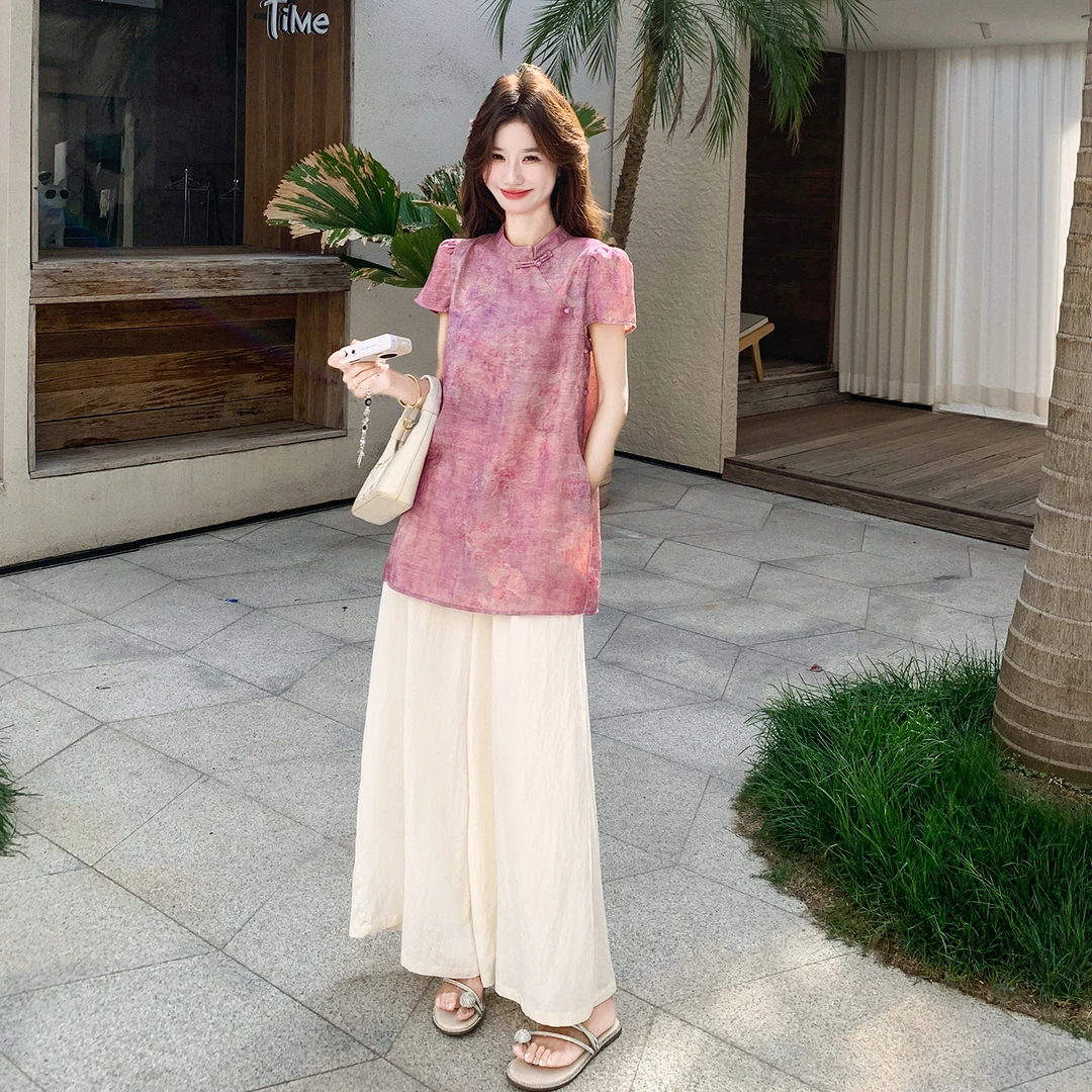 新中式禅意套装女2025夏季国风印花改良旗袍上衣休闲阔腿裤两件套