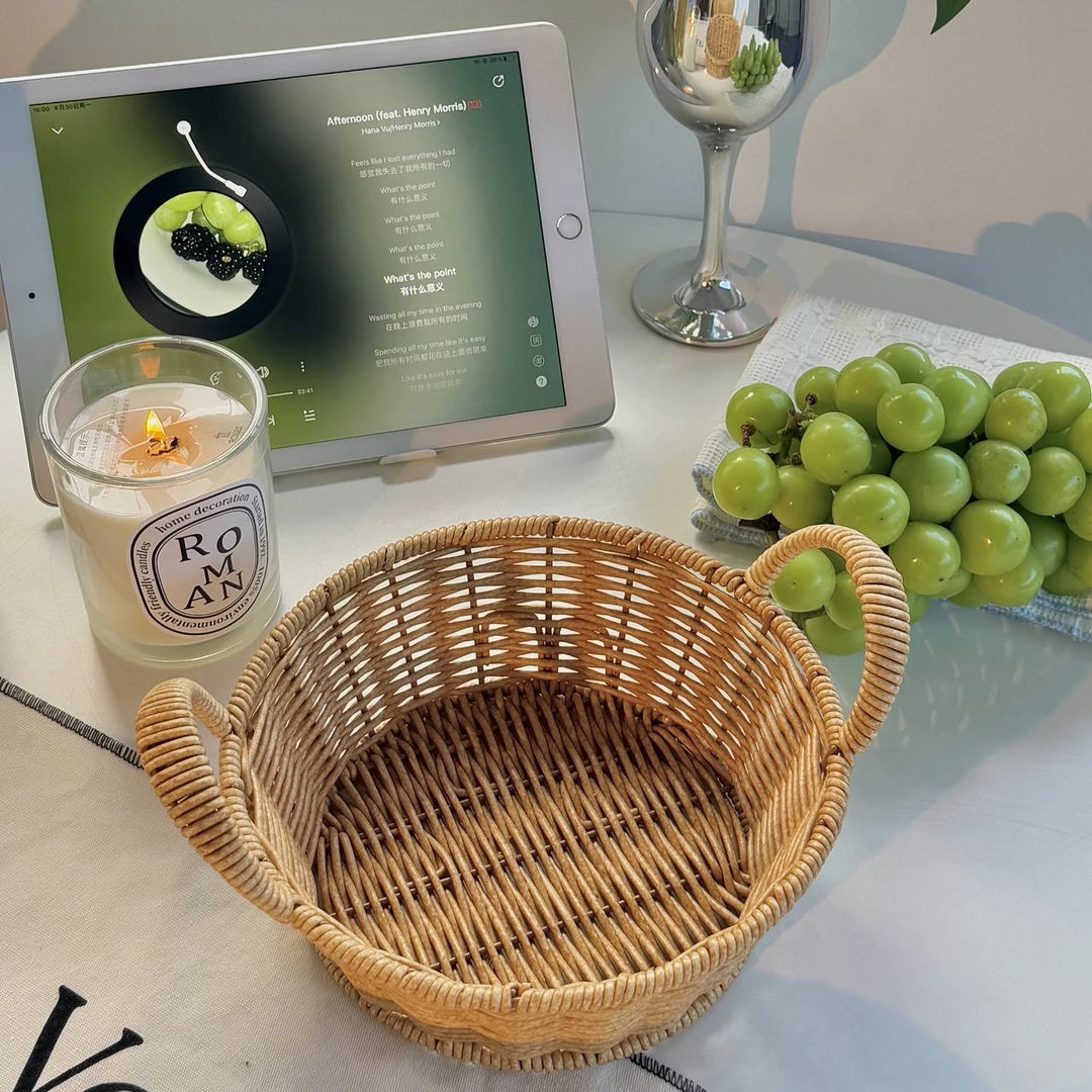仿藤编食品级塑料托盘面包水果篮手工收纳筐双耳提手点心小吃盘TJ