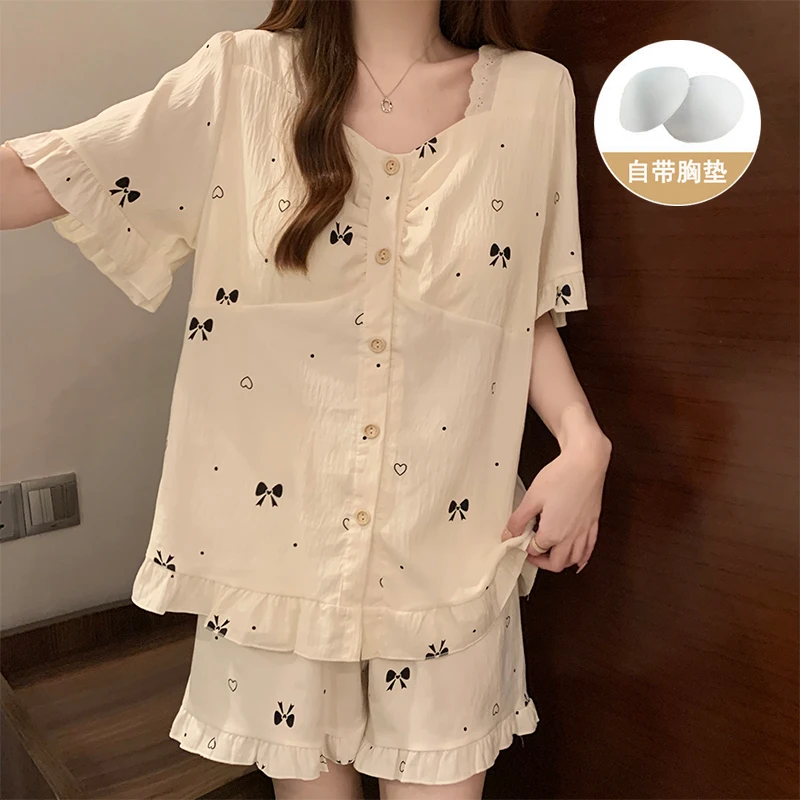 带胸垫睡衣女款夏季云朵棉蝴蝶结短袖2025新款夏天外穿家居服套装