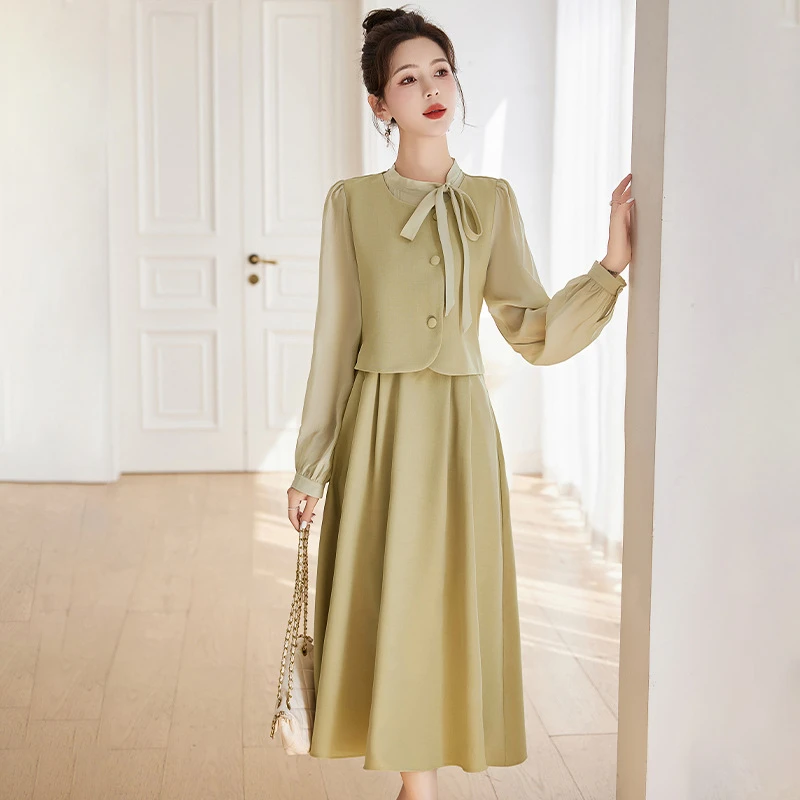 2024秋装新款高端精致小香风假两件西装马甲法式气质连衣裙女